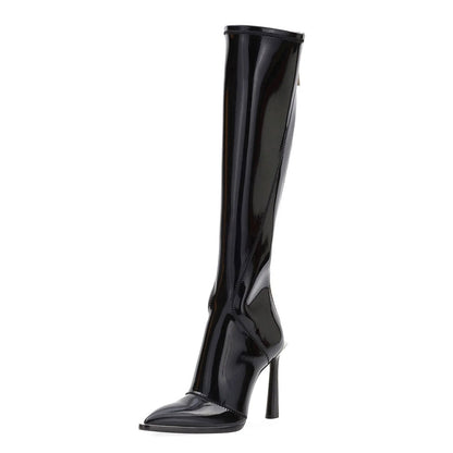 Black & Beige Patent Leather Pointed Toe Heeled Knee High Boots