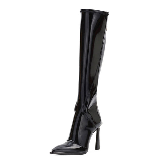 Black & Beige Patent Leather Pointed Toe Heeled Knee High Boots
