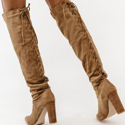 Brown Faux Suede Pointed Toe 4'' Chunky Heel Lace Up Knee High Boots