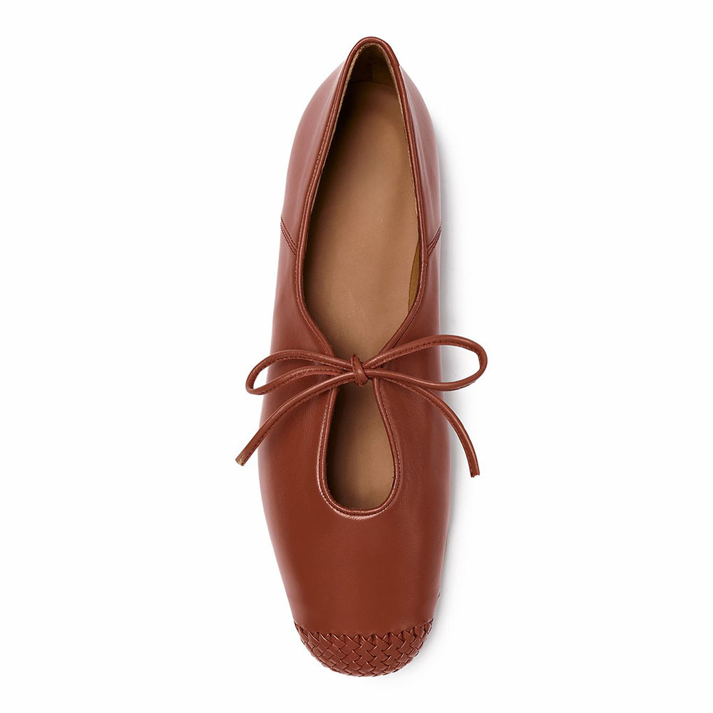 Comfortable Brown Woven Detail Round Toe Tie-Up Ballet Flats