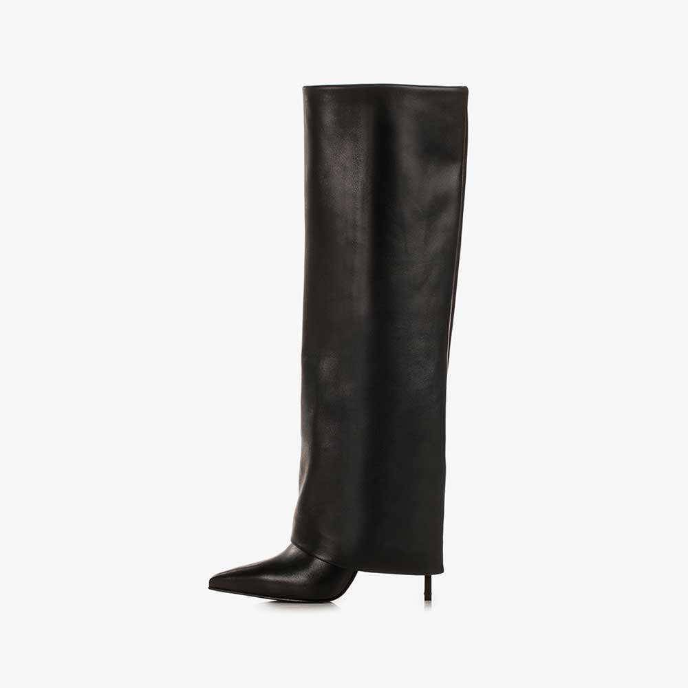 Black Pointed Toe Stiletto Heel Fold Over Wide Calf Knee High Boots