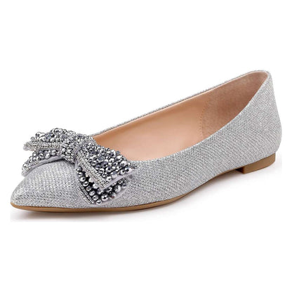 FSJ Beaded Bow Embellished Women's Pointed Toe Flats in Silver