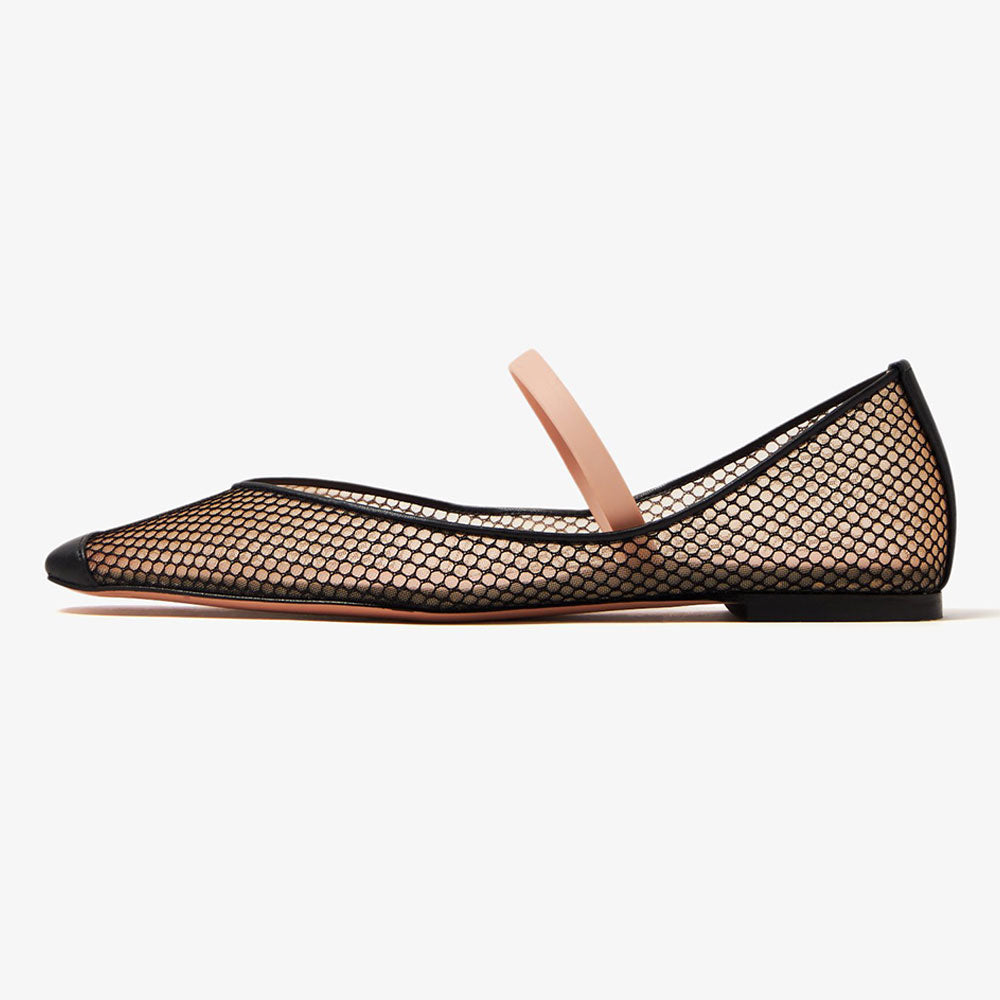 Black Square Toe Side Cut Design Perforated Mesh Flats with Strap