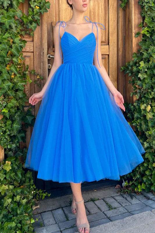 A-Line Spaghetti Straps Tea Length Prom Dress Blue Homecoming Dress WD267