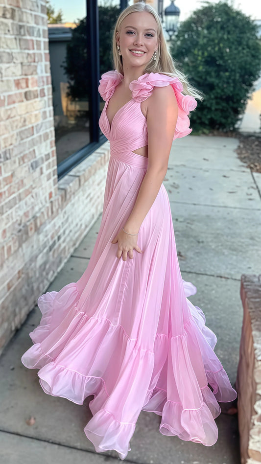 A-Line Orange Prom Dresses With Ruffle Cap Sleeves, V-Neck Senior Prom Dress,AST1647