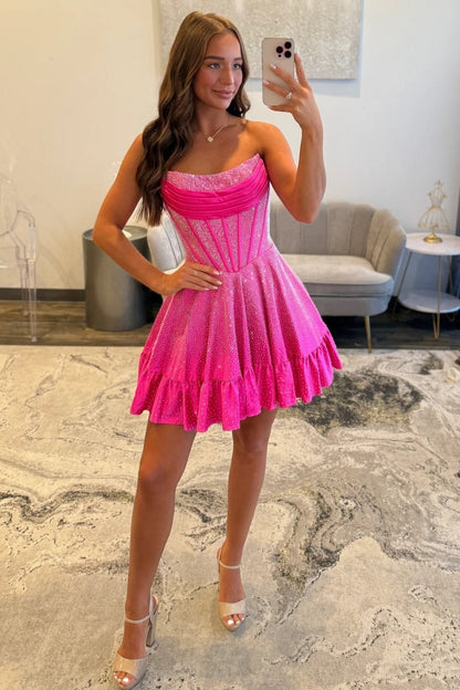 Sparkly Beading A-Line Strapless Lace Up Short Homecoming Dress