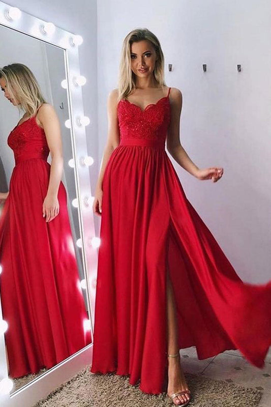 A-line Satin Straps Lace Appliqued Prom Dress With Slit,WP100