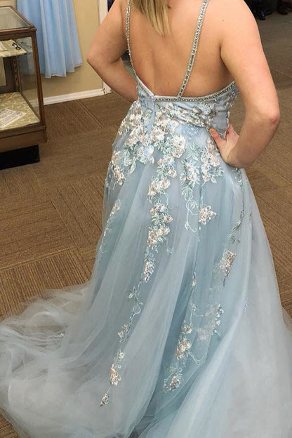 A-line V Neck Tulle Prom Dress With Floral Embroidery,WP129