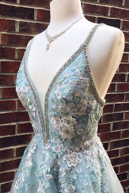 A-line V Neck Tulle Prom Dress With Floral Embroidery,WP129