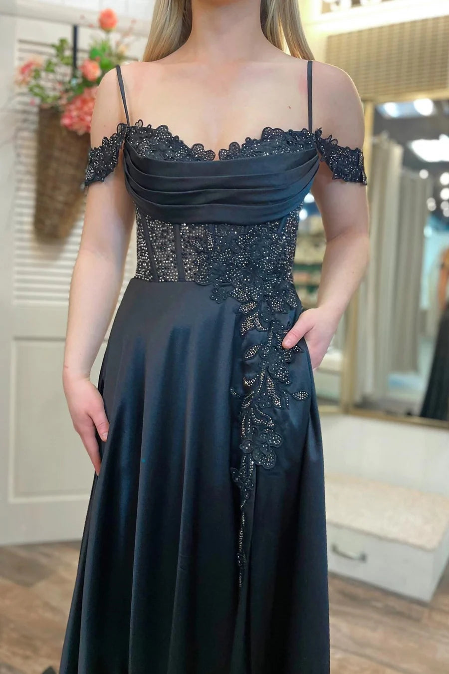A Line Cold-Shoulder Beaded Black Prom Dress With Slit Wp456