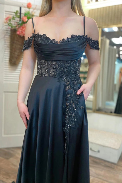 A Line Cold-Shoulder Beaded Black Prom Dress With Slit Wp456