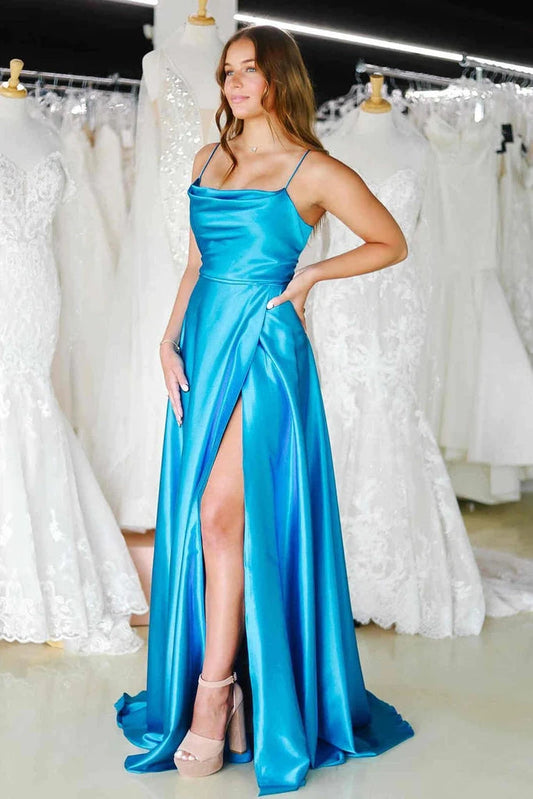 A Line Cowl Neck Green Prom Dress With Slit,WQ113