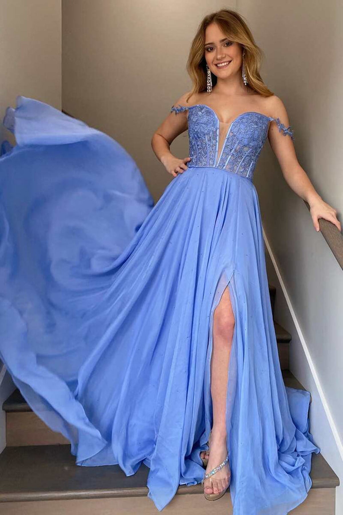 A Line Off The Shoulder Chiffon Lace Long Prom Dresses Long Evening Dresses,WP402