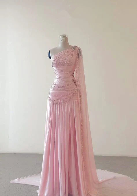 A Line One Shoulder Pink Chiffon Evening Gown Prom Dresses