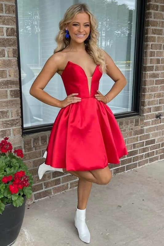 A Line V Neck Red Satin Short Homecoming Dresses