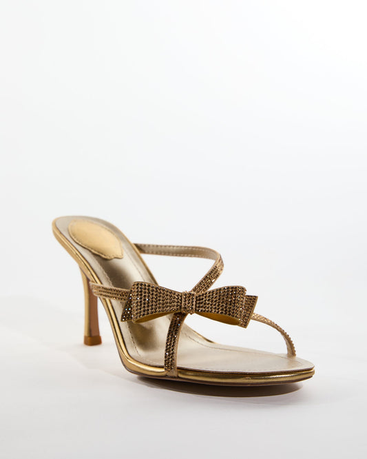 Aafje Rhinestone Bow Cross Strap Slippers In Gold