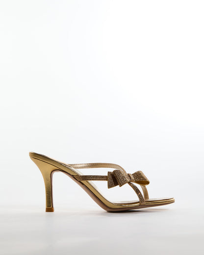 Aafje Rhinestone Bow Cross Strap Slippers In Gold