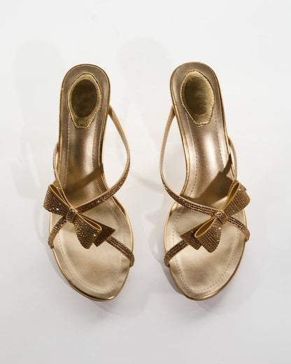 Aafje Rhinestone Bow Cross Strap Slippers In Gold