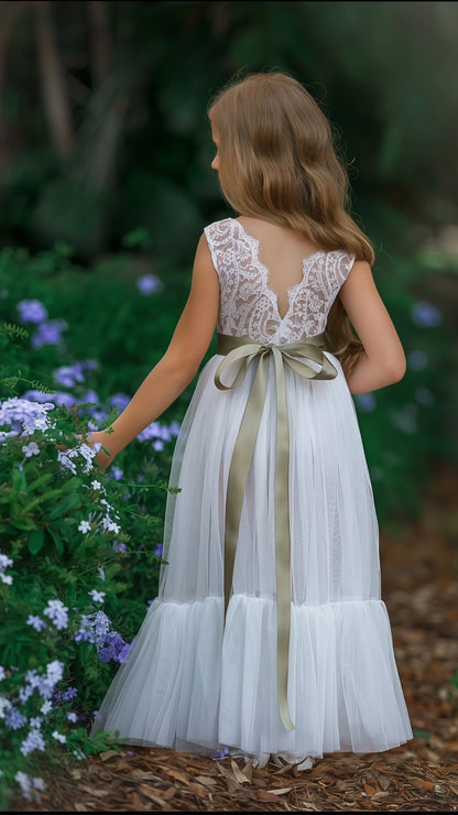 Adorable White Lace Tulle Flower Girls Dress,AST1651