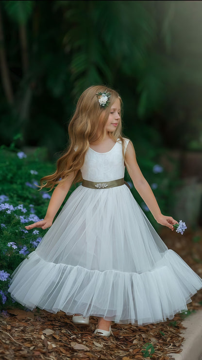 Adorable White Lace Tulle Flower Girls Dress,AST1651