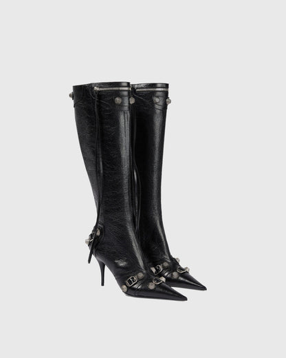 Afra Rivet Embellished Leather Knee High Boots In Black