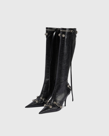 Afra Rivet Embellished Leather Knee High Boots In Black