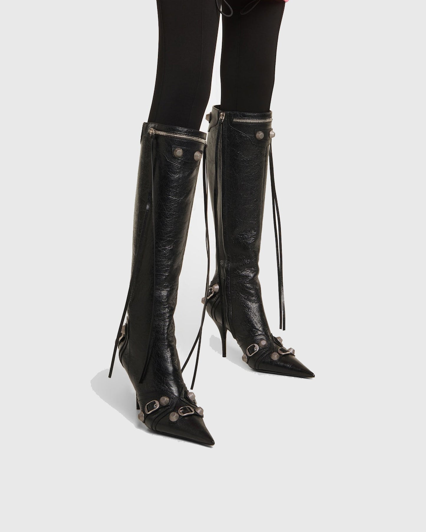 Afra Rivet Embellished Leather Knee High Boots In Black
