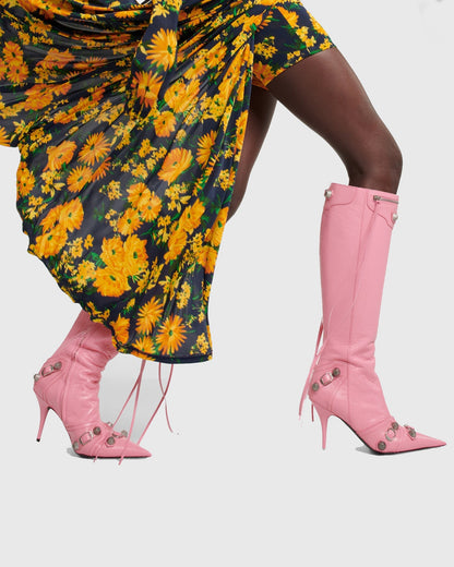 Afra Rivet Embellished Leather Knee High Boots In Pink
