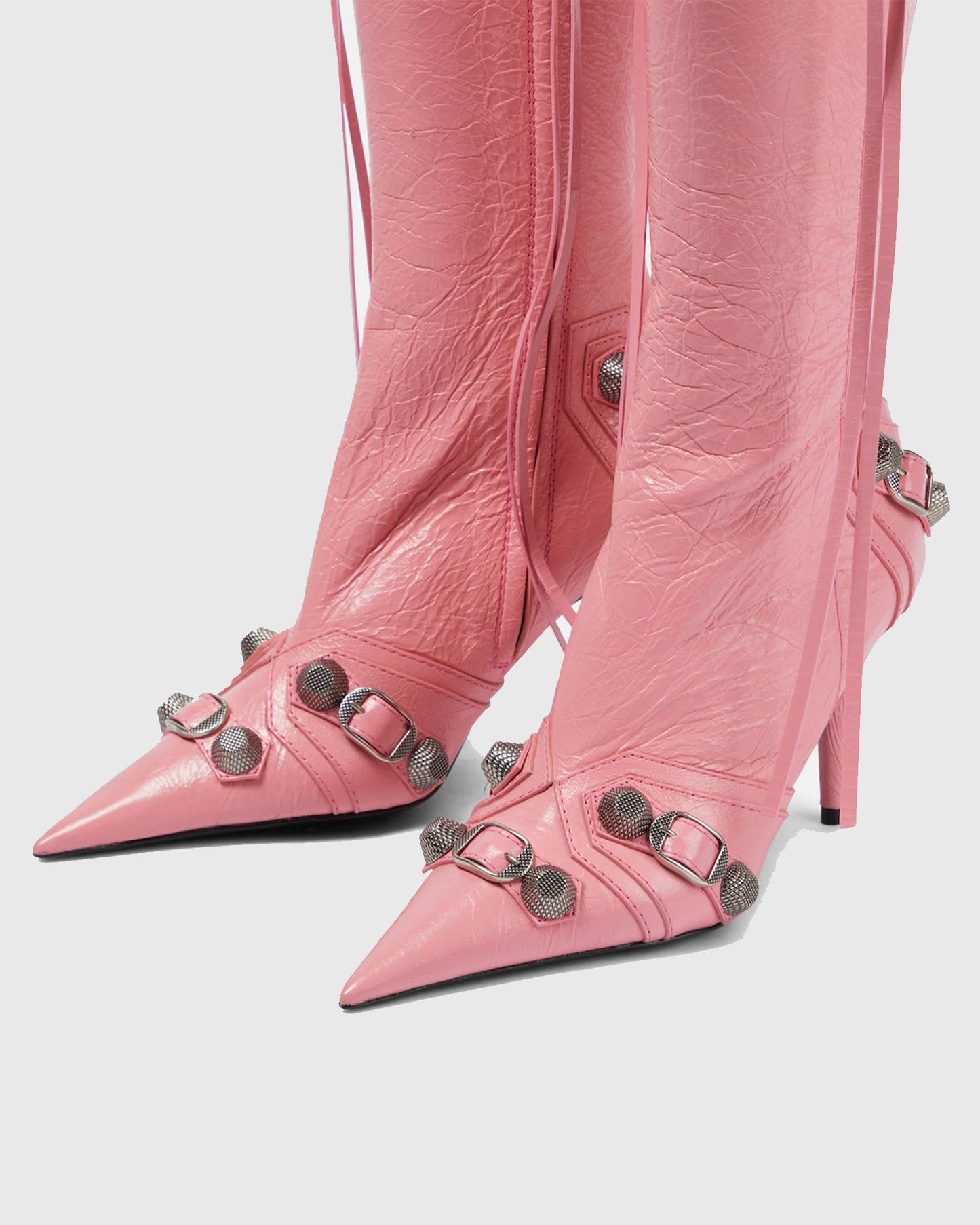 Afra Rivet Embellished Leather Knee High Boots In Pink