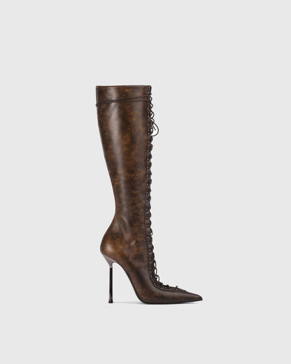 Agnola Lace Up Leather Knee High Boots In Brown