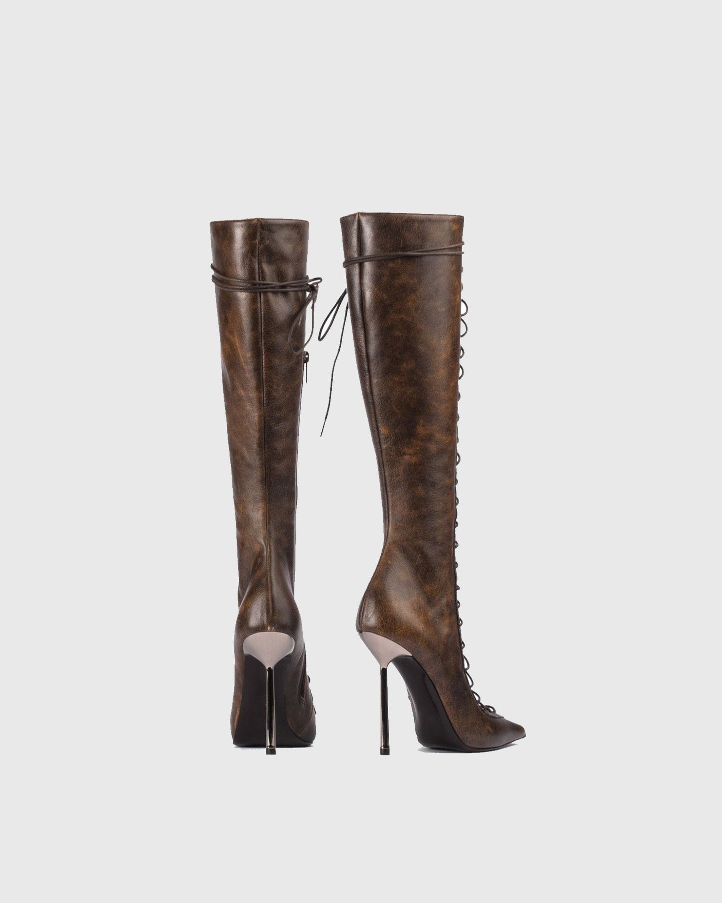 Agnola Lace Up Leather Knee High Boots In Brown