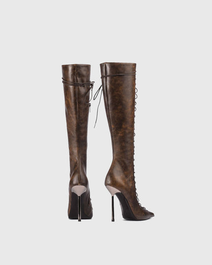 Agnola Lace Up Leather Knee High Boots In Brown
