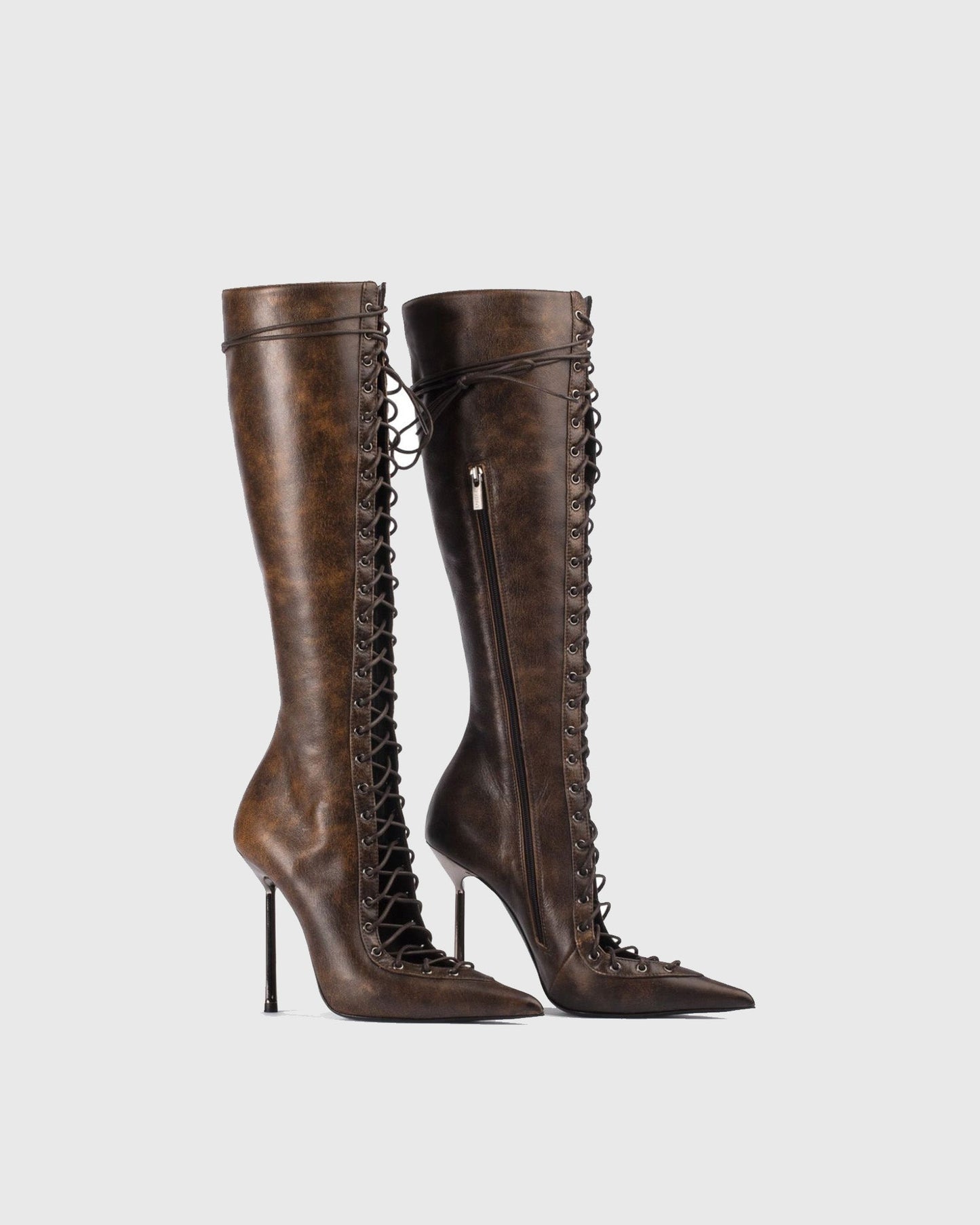 Agnola Lace Up Leather Knee High Boots In Brown