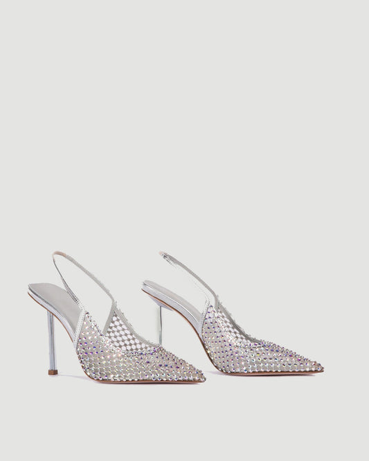 Vivia Rhinestone Embellished Mesh Slingback Pumps In White