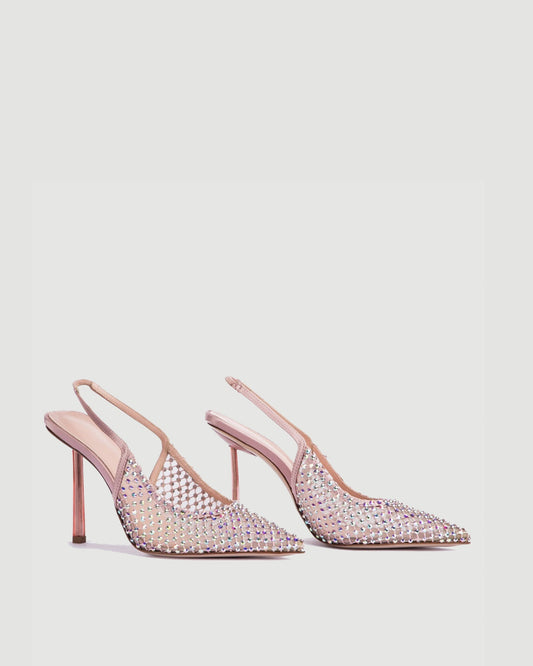 Vivia Rhinestone Embellished Mesh Slingback Pumps In Pink