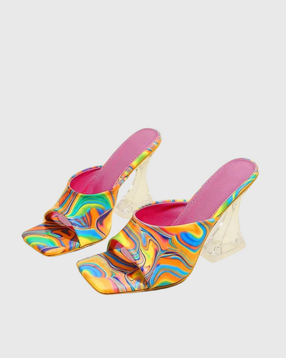 Alia Paint Flared Heels In  Multicolor