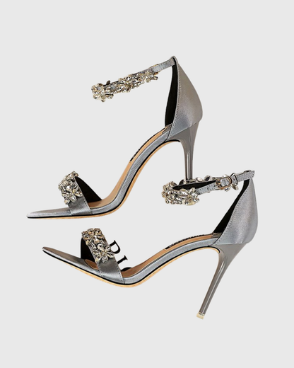 Alivia Diamond Flower Strap Sandals In Grey