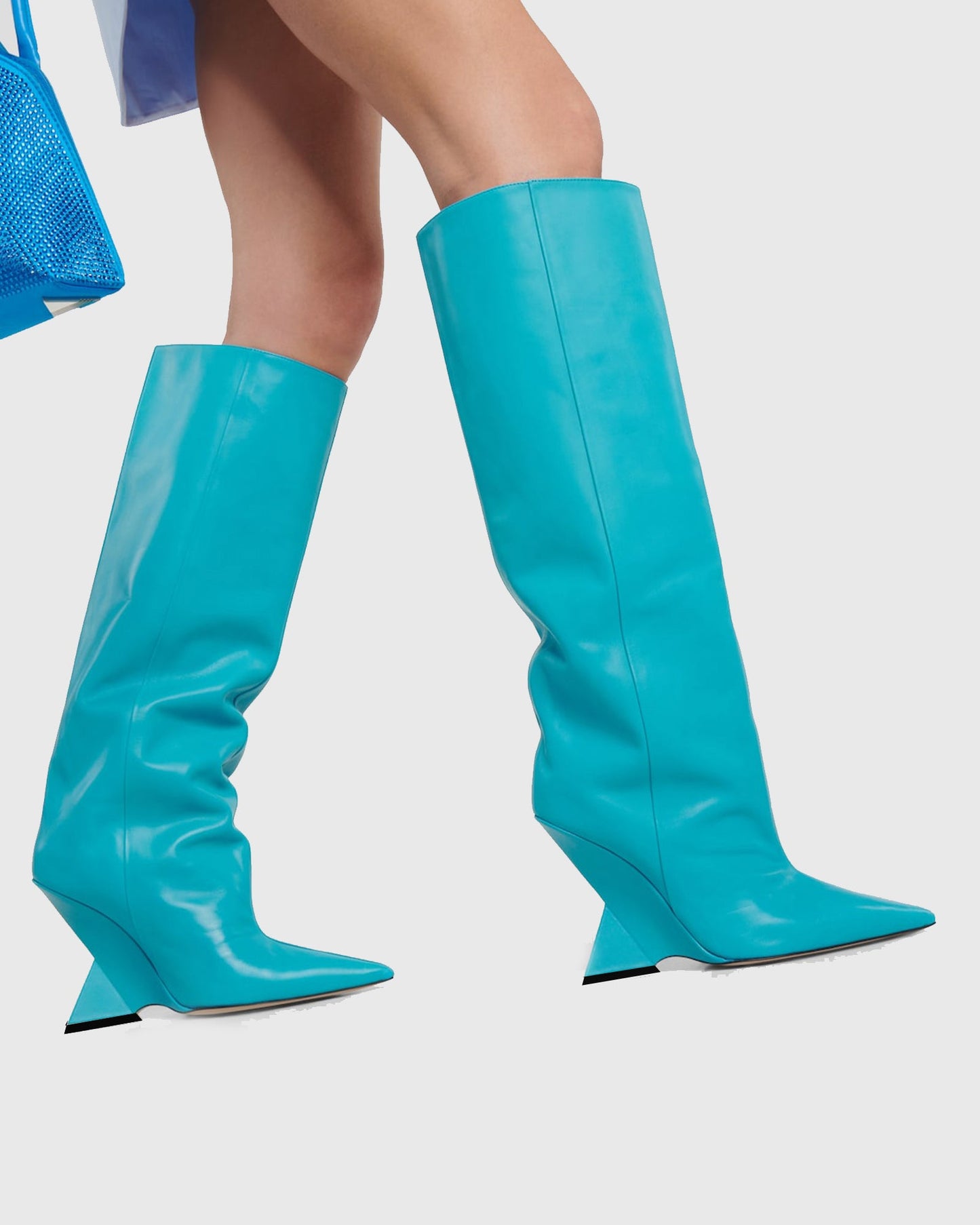 Alma Heterotypic Heel Leather Knee High Boots In Blue