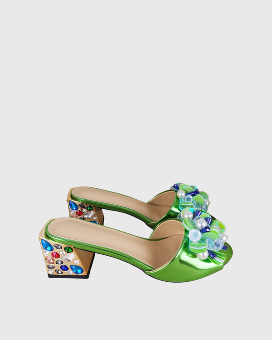 Amari Gem & Pearl Embellished Slippers In Green