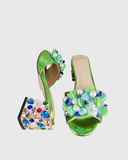 Amari Gem & Pearl Embellished Slippers In Green