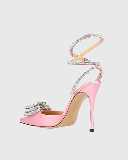 Ambra Crystal Heart Satin Strap Pumps