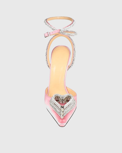 Ambra Crystal Heart Satin Strap Pumps