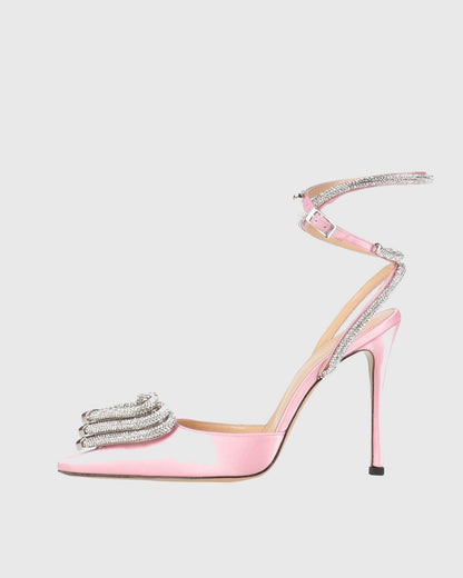 Ambra Crystal Heart Satin Strap Pumps
