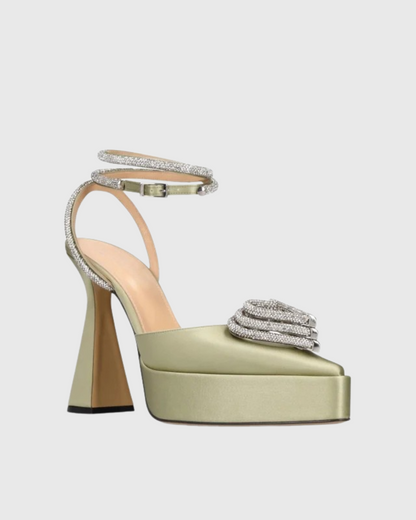 Ambra Crystal Heart Strap Platform Flared Heels In Green