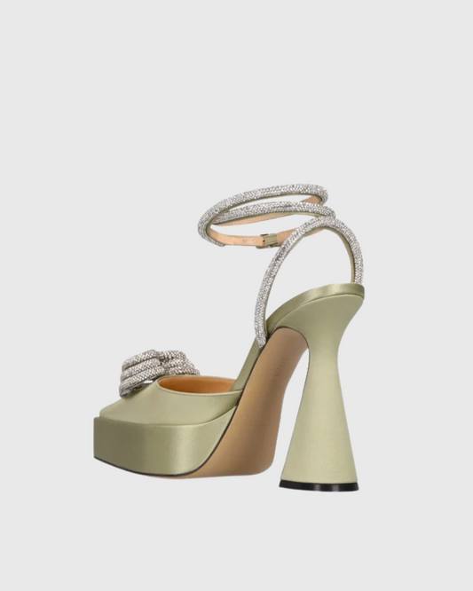 Ambra Crystal Heart Strap Platform Flared Heels In Green