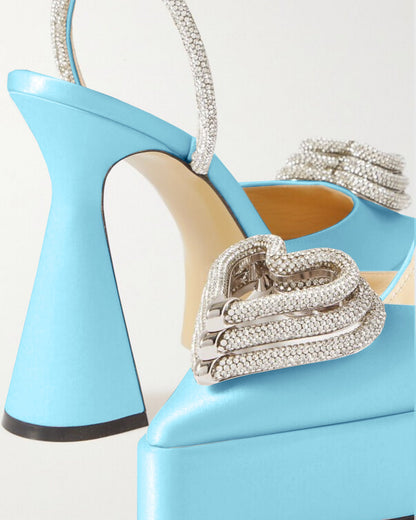 Ambra Crystal Heart Strap Platform Flared Heels In Sky