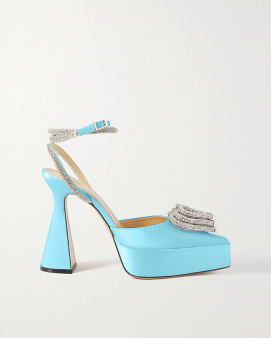 Ambra Crystal Heart Strap Platform Flared Heels In Sky
