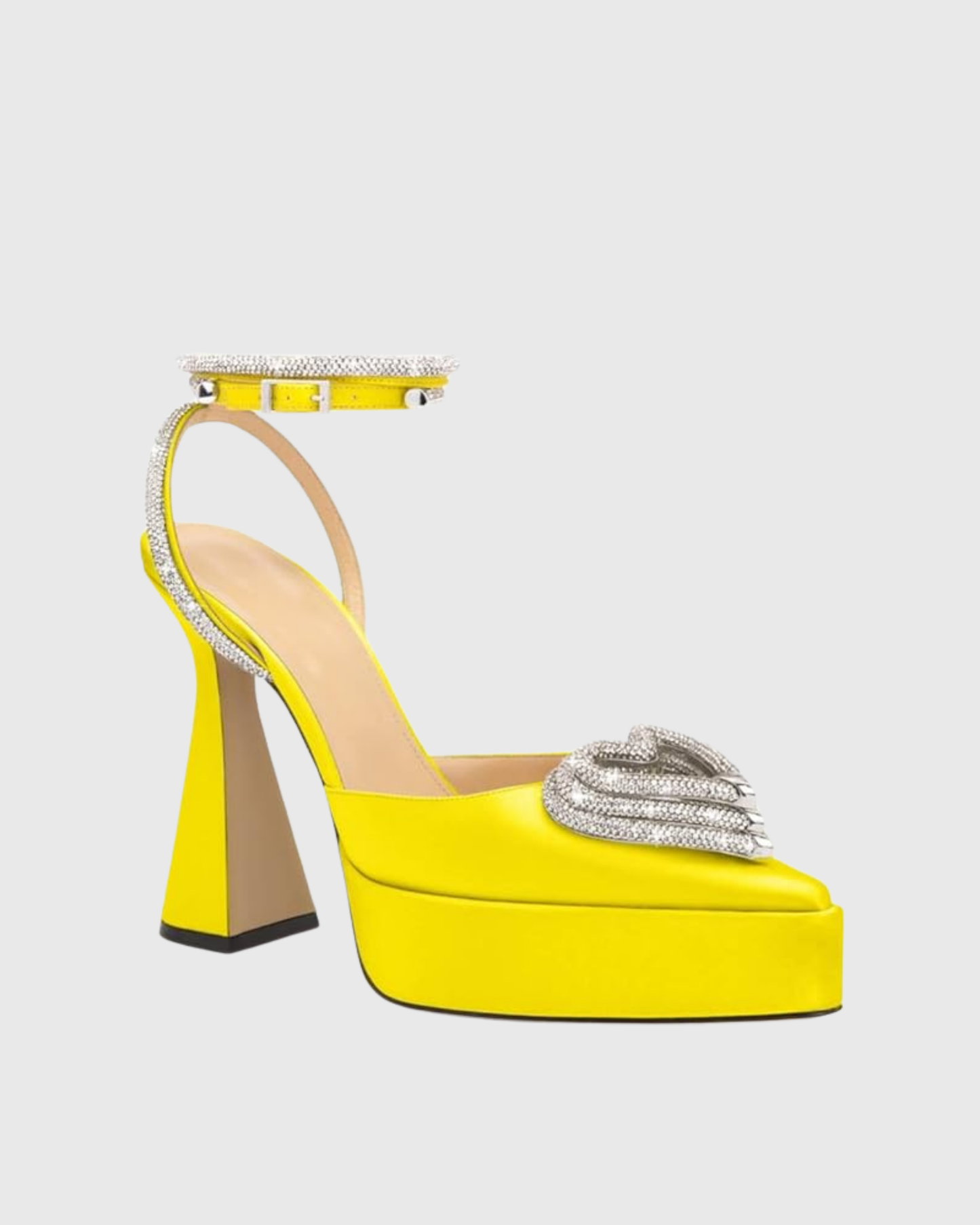 Ambra Crystal Heart Strap Platform Flared Heels In Yellow
