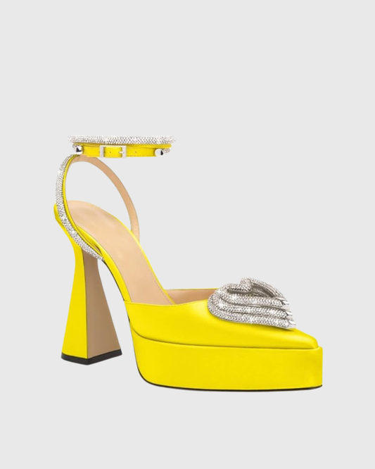Ambra Crystal Heart Strap Platform Flared Heels In Yellow
