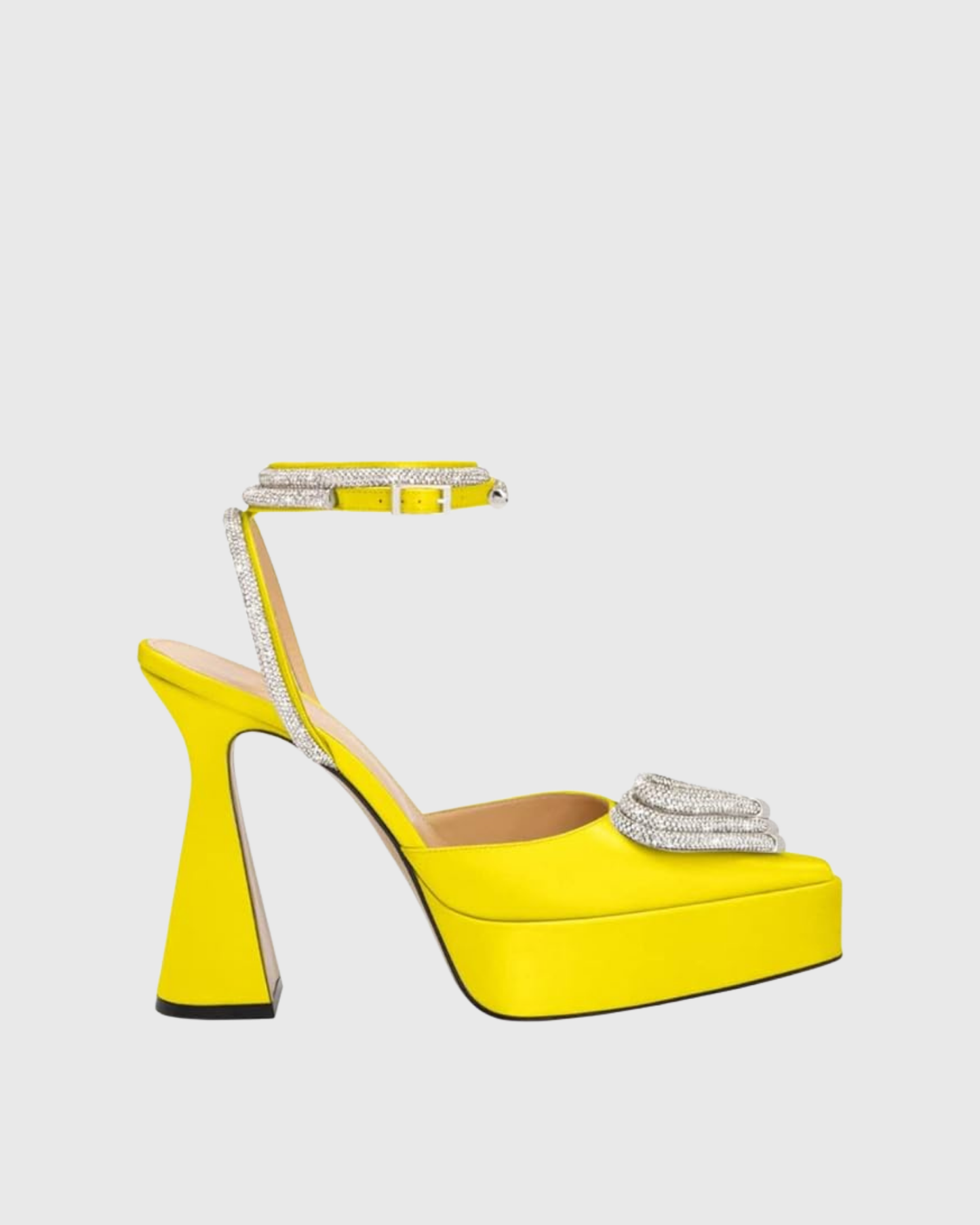 Ambra Crystal Heart Strap Platform Flared Heels In Yellow